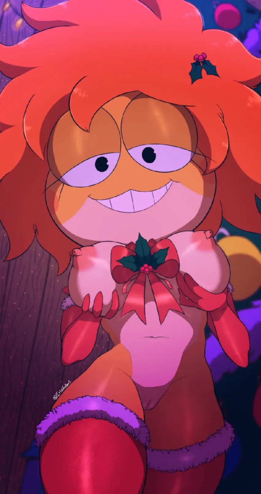 Image 2023,breasts,clothing,female,hi_res,looking_at_viewer,nipples,smile,solo,gloves,pussy,disney,smiling_at_viewer,orange_hair,hair,anthro,stockings,absurd_res,genitals,yellow_body,non-mammal_breasts,christmas,legwear,holding_breast,anthro_focus,plant,holidays,handwear,yellow_skin,amphibia,christmas_clothing,amphibian,frog,red_bow,amphibia_(series),dknip23,ivy_sundew,mistletoe