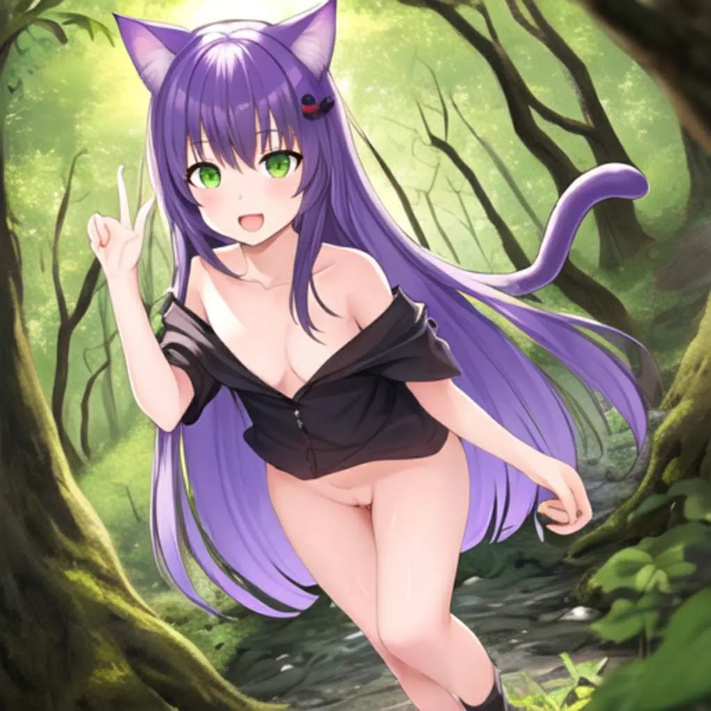 Image female,animal_ears,animal_ear_fluff,cat_ears,cat_girl,ai_generated,solo_female,green_eyes,cat_tail,purple_hair,cute,no_panties,non-web_source,aged_down