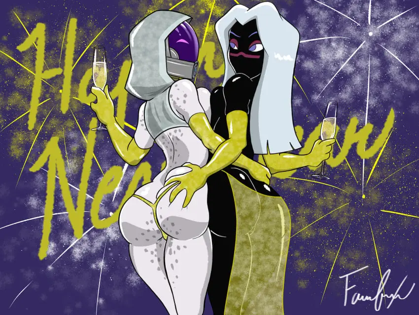 Image female,white_hair,white_skin,purple_eyes,hand_on_hip,topless,black_skin,black_body,2024,white_body,grabbing_ass,facial_mark,alien,alien_girl,hand_on_butt,cartoon_network,raised_eyebrow,looney_tunes,warner_brothers,alien_humanoid,mass_effect,quarian,tali'zorah_nar_rayya,fireworks,yellow_gloves,wine_glass,duck_dodgers,martian_(duck_dodgers),queen_tyr'ahnee,sleeve_gloves,warner_bros,helmet_covering_face,grey_hoodie,happy_new_year,horatio-horatio,see-through_loincloth,yellow_bikini_bottom,yellow_loincloth