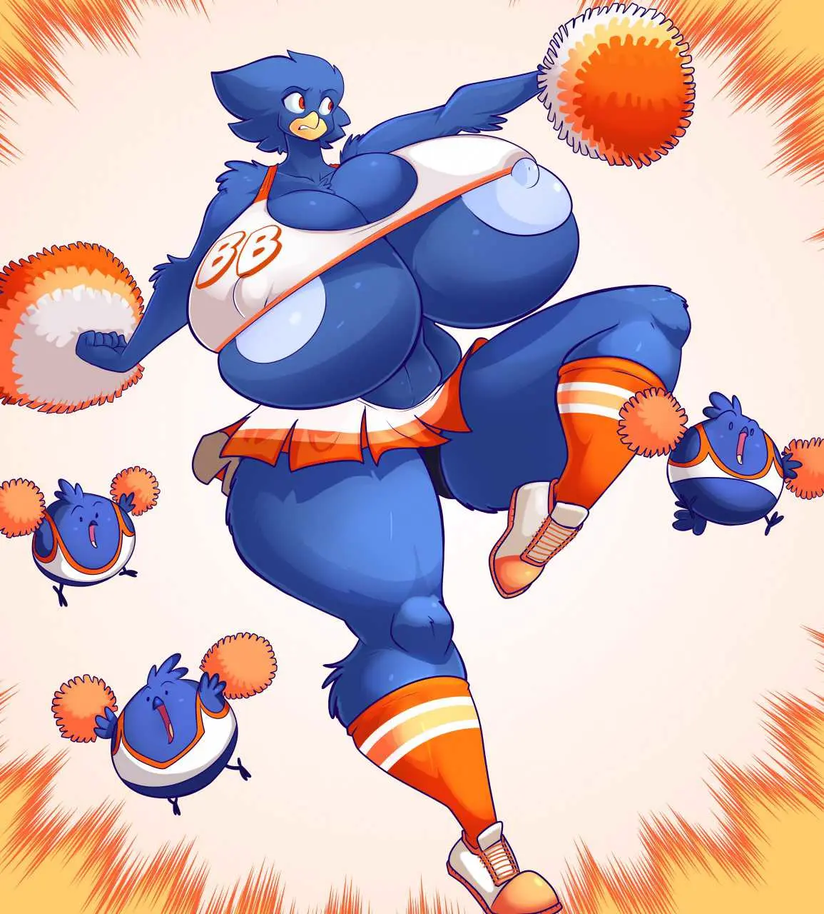 Image 1girls,big_breasts,breasts,female,thick_thighs,huge_breasts,anthro,hyper_breasts,bird,cheerleader,cheerleader_uniform,jaeh,busty_bird