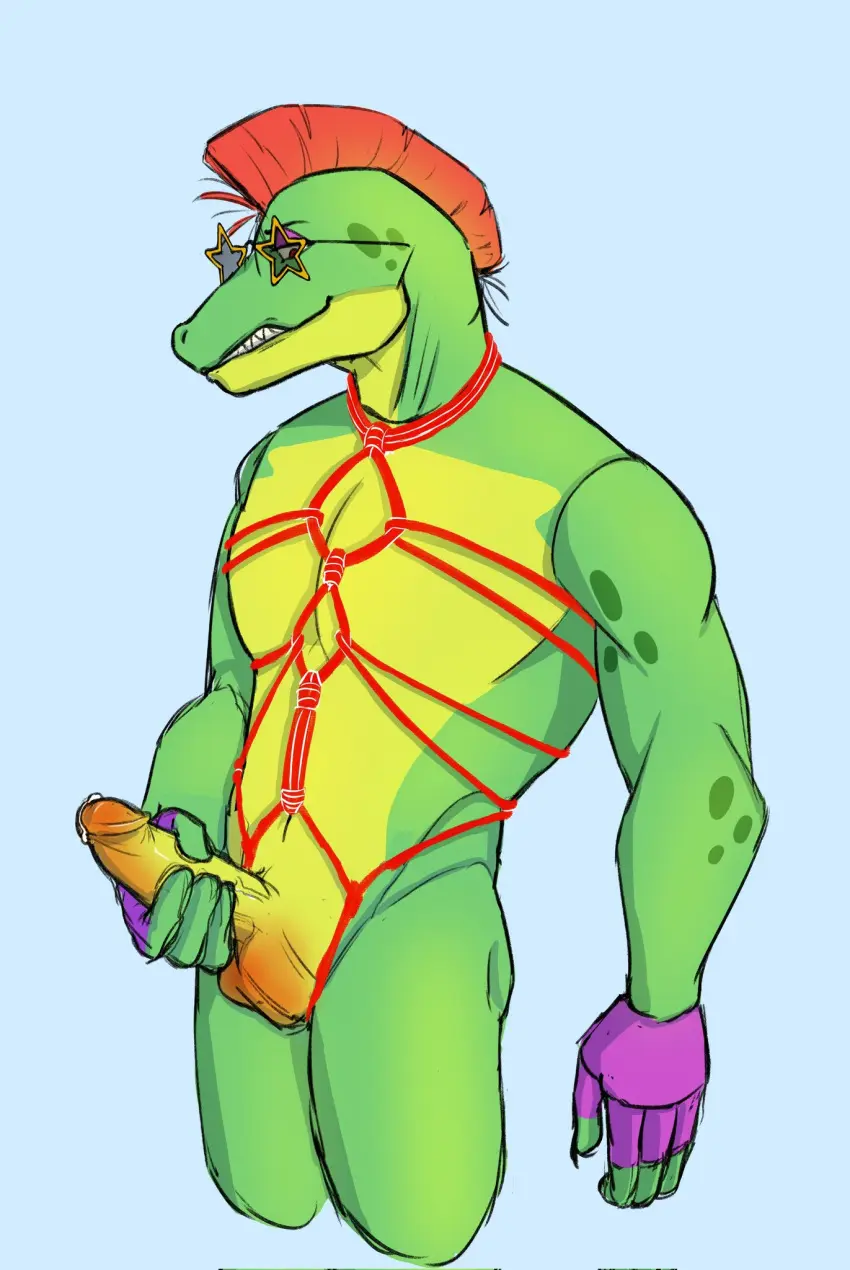 Image smile,solo,1boy,gloves,male,nude,penis,furry,erection,male_only,digital_drawing_(artwork),digital_media_(artwork),solo_focus,glasses,anthro,handjob,masturbation,bondage,tied,reptile,furry_only,male_focus,solo_male,fingerless_gloves,anthro_focus,anthro_only,boner,reptile_humanoid,sunglasses,furry_male,grabbing_penis,holding_penis,rope,solo_anthro,five_nights_at_freddy's,rope_bondage,male_anthro,crocodile,crocodilian,crocodylid,mohawk,mohawk_(hairstyle),penile_masturbation,jerking,jerking_off,alligatorid,alligator,solo_in_panel,smiley_face,montgomery_gator_(fnaf),star_glasses,mulkogimo