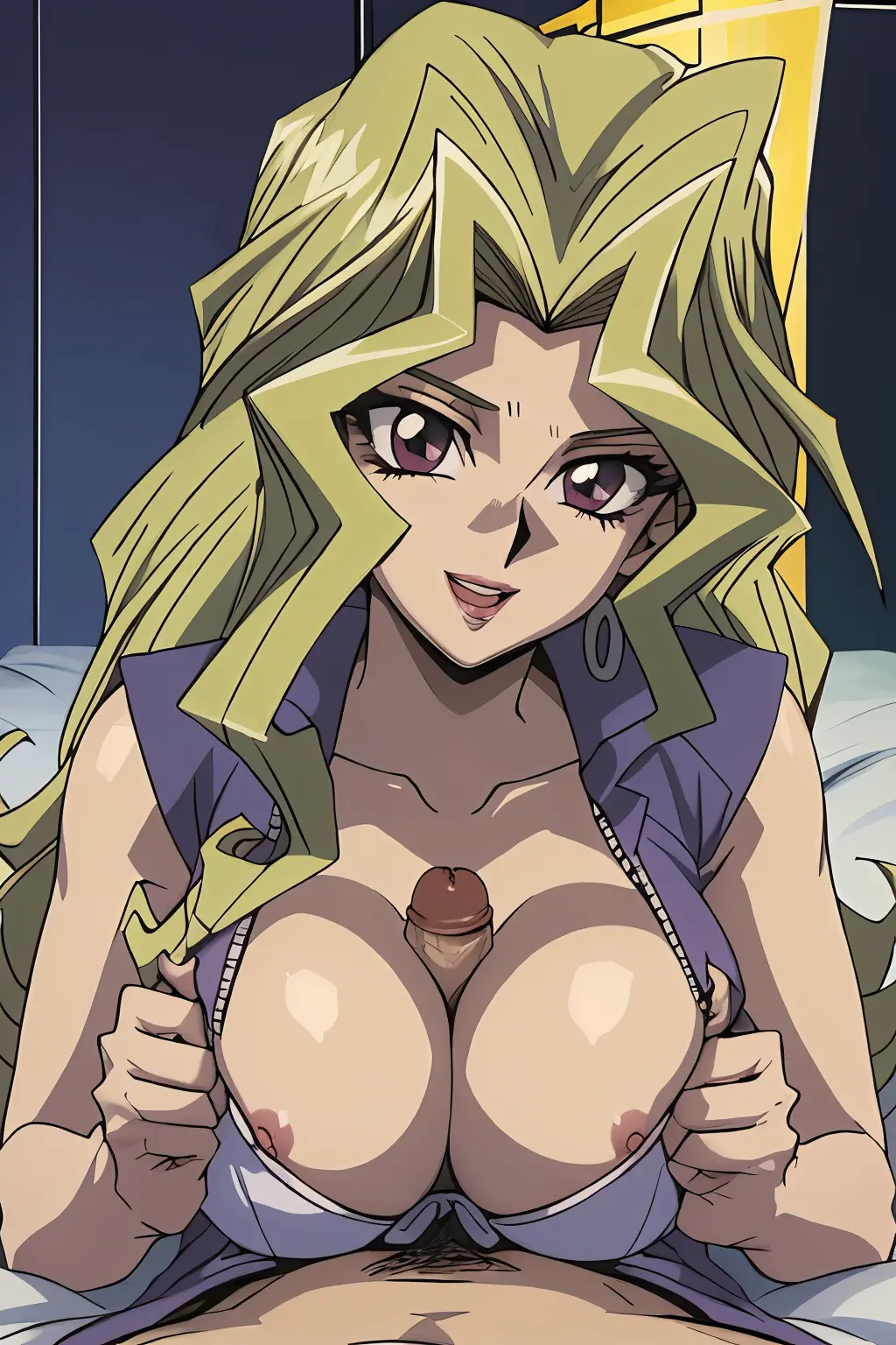 Image breasts,female,nipples,ai_generated,huge_breasts,blonde_hair,paizuri,stable_diffusion,purple_eyes,penis_between_breasts,yu-gi-oh!,titjob,tits_out,aindroidparanoid,mai_valentine,yu-gi-oh!_duel_monsters,kujaku_mai