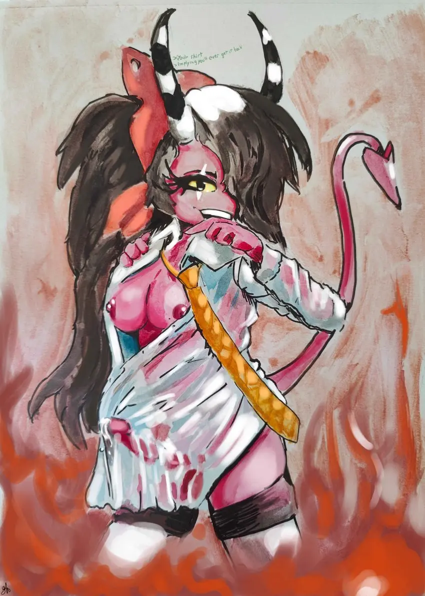 Image breasts,clothed,clothing,hi_res,looking_at_viewer,nipples,open_shirt,shirt,solo,standing,penis,erection,futanari,humanoid,humanoid_penis,intersex,ponytail,balls,hair,text,demon,absurd_res,erection_under_clothes,genital_fluids,dickgirl,bodily_fluids,genitals,precum,horn,bottomless,english_text,legwear,thigh_highs,red_skin,2024,necktie,scar,humanoid_genitalia,gynomorph,helluva_boss,topwear,eye_scar,facial_scar,fire,red_body,mostly_nude,stripes,yellow_sclera,open_clothing,tenting,translucent,translucent_clothing,imp,open_topwear,kerchief,bandana,oversized_clothing,oversized_shirt,oversized_topwear,translucent_topwear,biting_own_finger,gh,greentext_(format),sallie_may_(helluva_boss),striped_horn,translucent_shirt