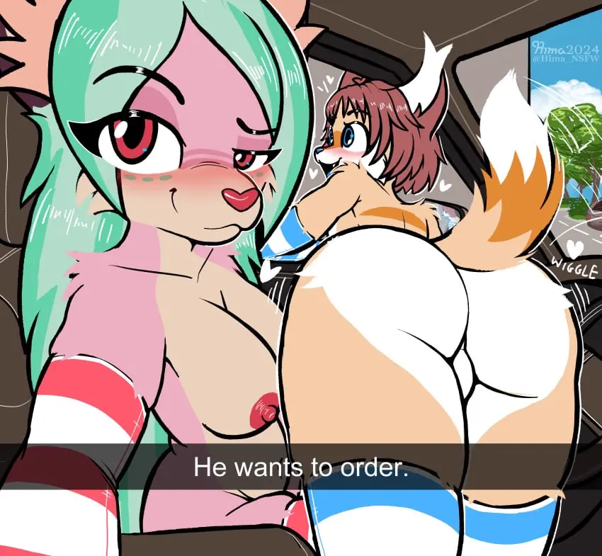 Image blush,breasts,clothing,female,hi_res,long_hair,looking_at_viewer,open_mouth,smile,male,tail,ass,big_butt,duo,striped_clothing,areola,hair,male/female,anthro,tan_body,absurd_res,brown_hair,green_hair,canid,canine,fur,mammal,selfie,orange_body,feline,legwear,thigh_highs,white_body,smirk,window,fox,hybrid,meme,tan_fur,orange_fur,white_fur,armwear,pink_body,heart_symbol,felid,red_clothing,pink_fur,stripes,blue_clothing,pattern_clothing,vehicle,striped_legwear,butt_focus,arm_warmers,tail_motion,car_interior,shaking_butt,lynx,tailwag,pattern_armwear,striped_armwear,blue_armwear,pattern_legwear,he_wants_to_order,ande_(hima_nsfw),blue_arm_warmers,hima_nsfw,himalaya_(hima_nsfw),ordering_food,pattern_thigh_highs,red_arm_warmers,red_armwear,striped_thigh_highs