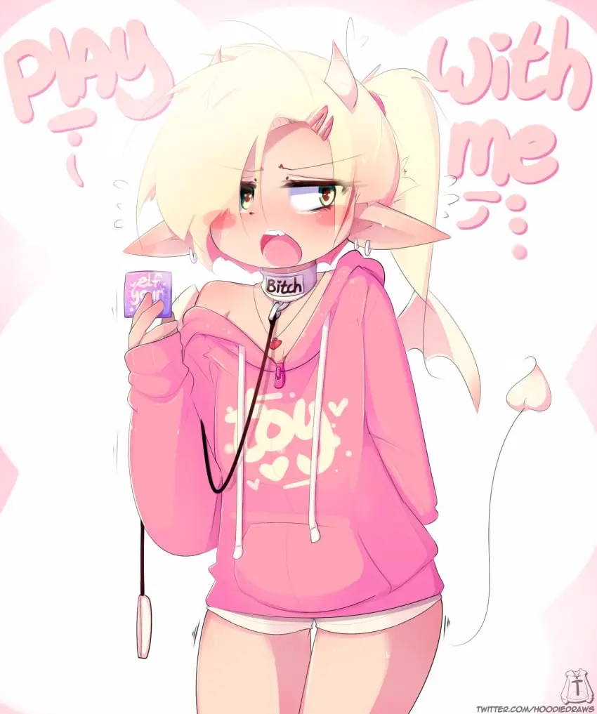 Image solo,1boy,male,short_hair,femboy,2d,blonde_hair,elf,condom,collar,horn,elf_ears,english_text,leash,elf_male,succubus_tail,hoodie_(artist),max_(hoodie)