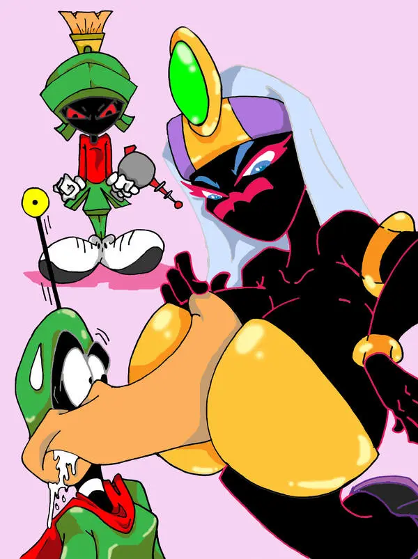 Image 1girls,female,white_hair,blue_eyes,male,humanoid,2boys,jewelry,drooling,anthro,angry_face,crown,no_visible_genitalia,looney_tunes,warner_brothers,duck_dodgers,martian_(duck_dodgers),queen_tyr'ahnee,daffy_duck,golden_bikini_top,purple_skirt,see-through_skirt,duck,face_in_breasts,looking_at_breasts,kskillz,marvin_the_martian