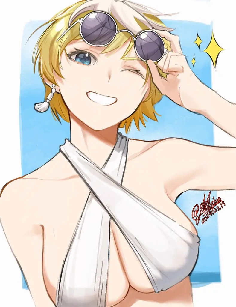 Image breasts,female,large_breasts,looking_at_viewer,smile,solo,blue_eyes,earrings,jewelry,blonde_hair,one_eye_closed,sunglasses_on_head,artist_request,dated,signature,sunglasses,single_earring,adjusting_eyewear,hand_on_eyewear,izumo_tenka,mato_seihei_no_slave,saikiseiya