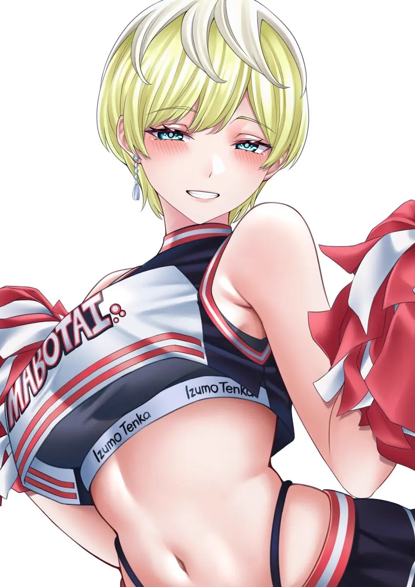 Image breasts,female,large_breasts,blue_eyes,short_hair,earring,blonde_hair,cheerleader,cheerleader_uniform,pom_poms,single_earring,izumo_tenka,mato_seihei_no_slave,wanzi_(99wanzi99)