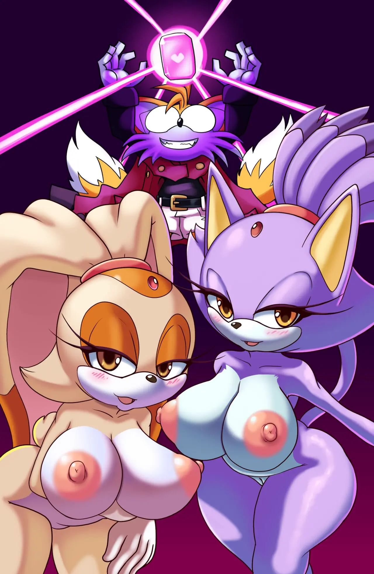 Image big_breasts,blush,breasts,clothing,female,hi_res,large_breasts,nipples,smile,1boy,2girls,male,nude,pussy,thick_thighs,areola,eyelashes,anthro,aged_up,genitals,mammal,feline,biped,purple_body,sega,sonic_(series),sonic_the_hedgehog_(series),lagomorph,leporid,rabbit,felid,domestic_cat,felis,imminent_sex,pupils,miles_prower,tails,tails_the_fox,cream_the_rabbit,blaze_the_cat,teardrop_breasts,ichduhernz