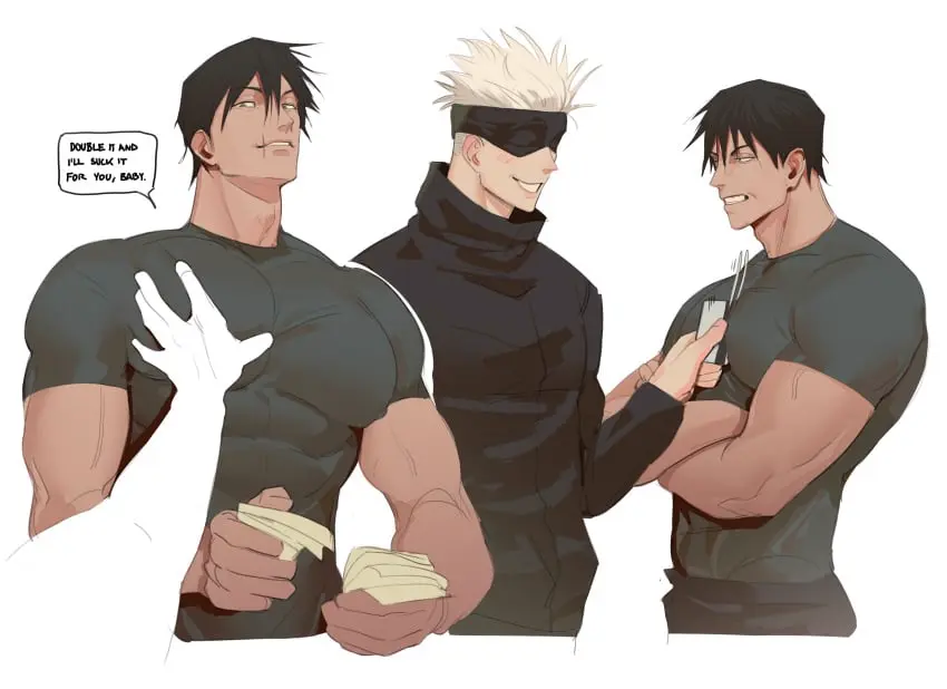 Image big_breasts,blush,breasts,clothed,smile,white_background,male,muscular,muscular_male,2boys,grabbing,breast_grab,english_text,scar,blindfold,jujutsu_kaisen,clothed_male,anon,satoru_gojo,credit_card,kcokaine,toji_fushiguro