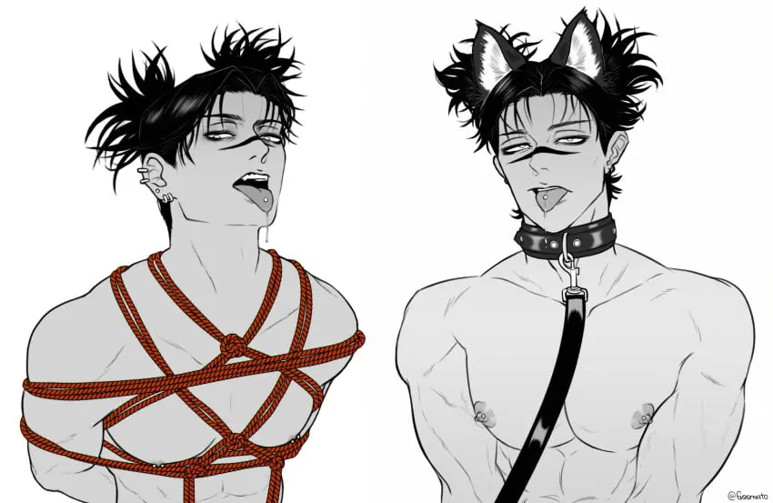 Image solo,1boy,male,tongue_out,muscular,cat_ears,male_only,artist_name,drooling,saliva_string,piercing,black_and_white,ear_piercing,nipple_piercing,jujutsu_kaisen,rope_bondage,tongue_piercing,leash_and_collar,choso_kamo,goomiato,lean_muscle