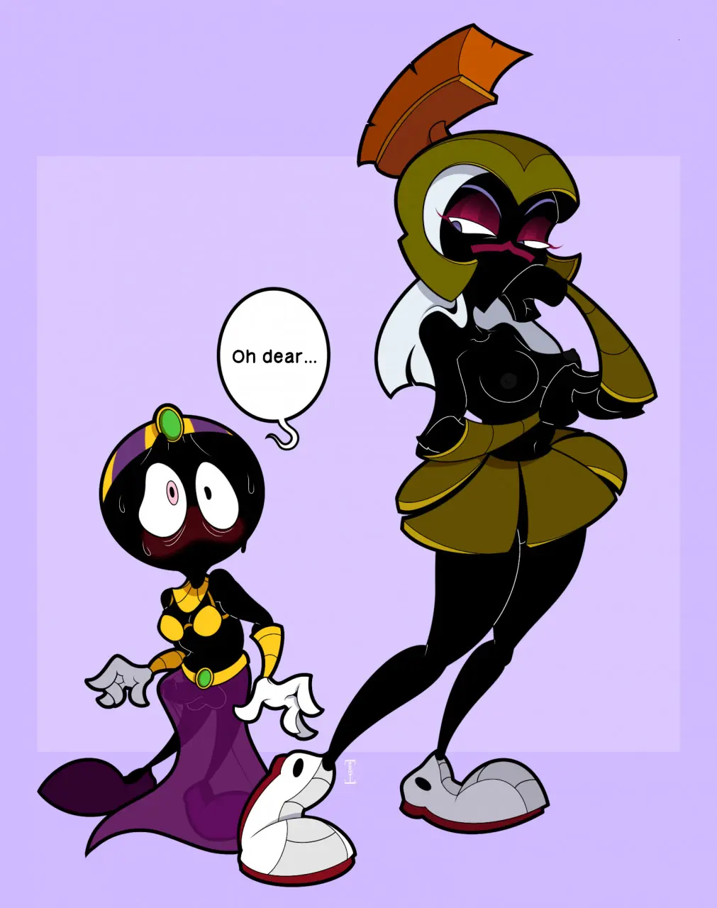 Image female,white_hair,male,penis,topless,dialogue,smaller_male,facial_mark,alien,worried,alien_girl,looney_tunes,warner_brothers,alien_humanoid,alien_boy,duck_dodgers,martian,martian_(duck_dodgers),queen_tyr'ahnee,white_shoes,roman_clothing,bald_male,outfit_swap,marvin_the_martian,gh0stcr33p,purple_shoes