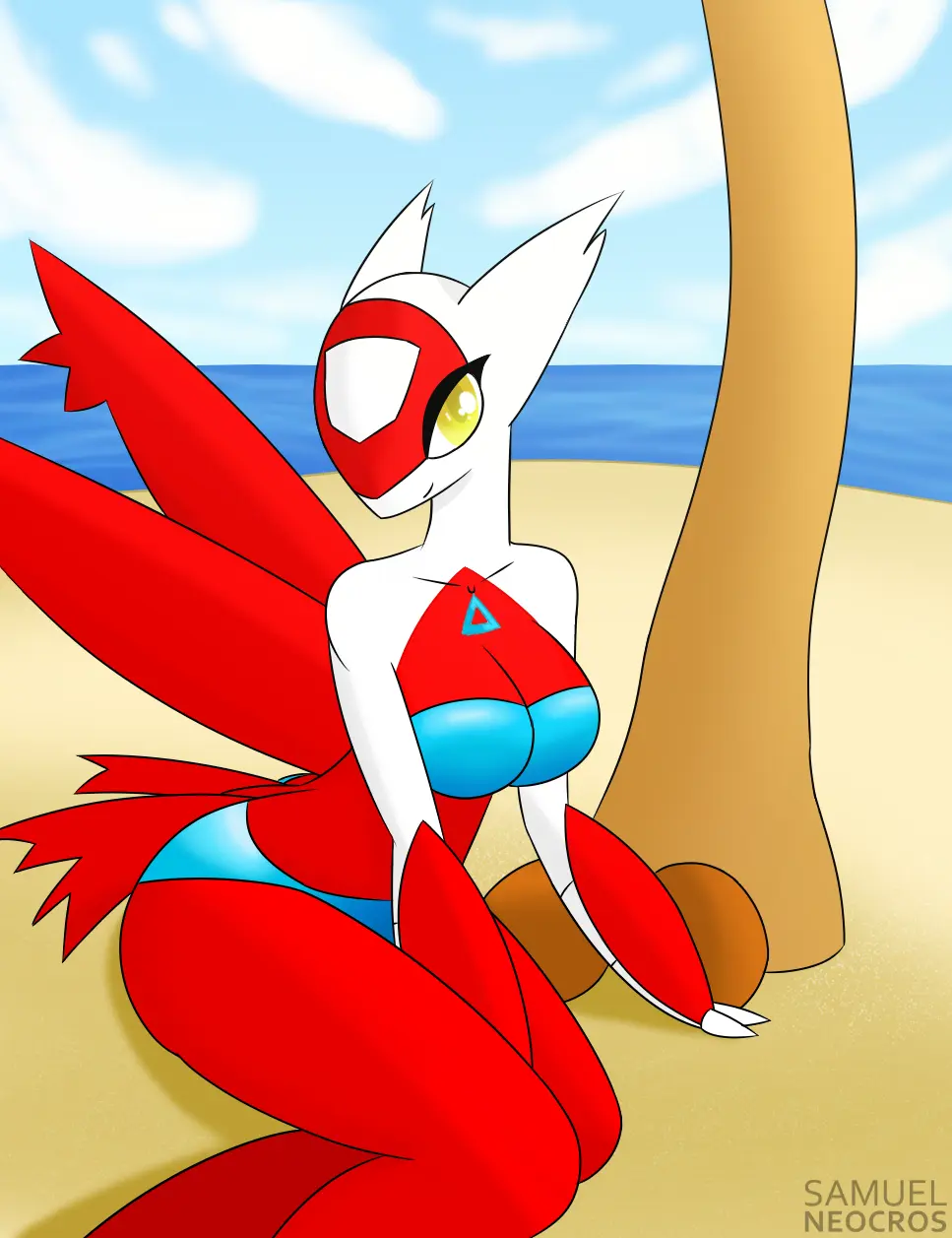 Image big_breasts,breasts,clothing,female,solo,pokemon,pokemon_(species),yellow_eyes,2021,beach,clothes,anthro,white_body,scalie,dragon,red_body,blue_clothing,game_freak,pokemon_rse,creatures_inc.,creatures_(company),latias,blue_clothes,samuel-neocros