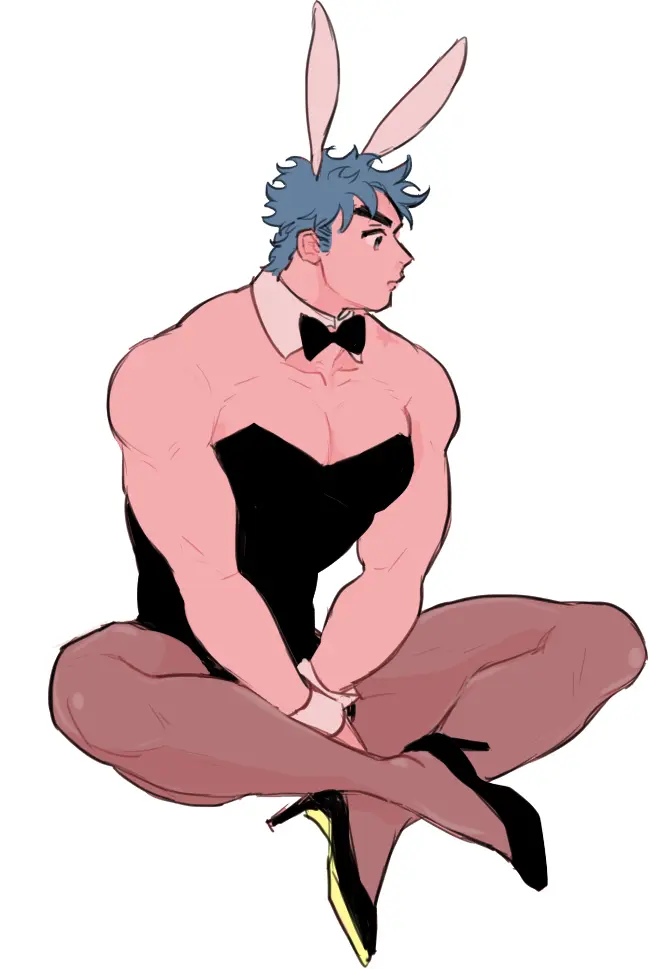 Image solo,white_background,1boy,blue_hair,male,muscular,muscular_male,crossdressing,male_only,sitting,bunny_ears,high_heels,bunnysuit,playboy_bunny,strapless_leotard,pantyhose,muscles,jojo's_bizarre_adventure,unknown_artist,bunny_boy,male_playboy_bunny,masculine_crossdresser,battle_tendency,joseph_joestar