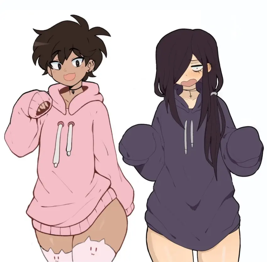 Image long_hair,male,choker,thick_thighs,femboy,brown_hair,dark_hair,:3,edit,edited,third-party_edit,pink_thighhighs,collage,2femboys,dark-skinned_femboy,pink_hoodie,roland_bonhomme,anime_dork_boyfriend_meme,cat_thighhighs,ms_pigtails,purple_hoodie,sky_guy,skyguyart