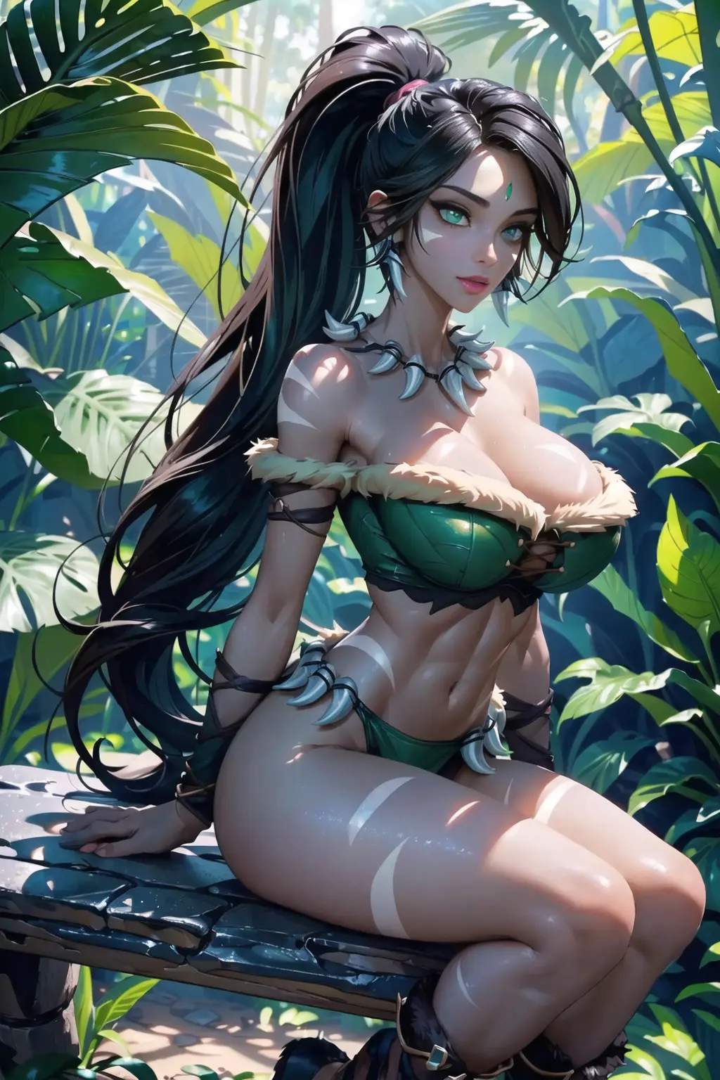 Image 1girls,big_breasts,breasts,female,large_breasts,long_hair,black_hair,earrings,ponytail,ai_generated,green_eyes,sitting,black_hair_female,ear_piercing,skimpy,skimpy_clothes,breast_focus,abs,league_of_legends,forest,forest_background,riot_games,long_hair_female,female_abs,jungle,jungle_background,chest_focus,ear_piercings,ear_rings,forehead_gem,forehead_jewel,gem_on_forehead,jewel_on_forehead,nidalee,ponytail_female,skimpy_costume,skimpy_outfit,skimpy_panties,skimpy_underwear,tribal_markings,tribal_tattoo,tribal_tattoos,sitting_down,green_eyes_female,tooth_necklace,silence_ai_art