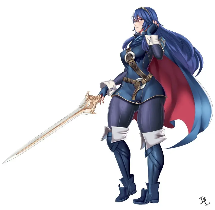 Image 1girls,breasts,female,female_only,large_breasts,long_hair,smile,solo,white_background,blue_eyes,blue_hair,gloves,symbol-shaped_pupils,thick_thighs,thighs,grin,nintendo,cape,fire_emblem,fire_emblem_awakening,lucina_(fire_emblem),fingerless_gloves,full_body,weapon,boots,tiara,sword,arcedo,falchion_(fire_emblem)