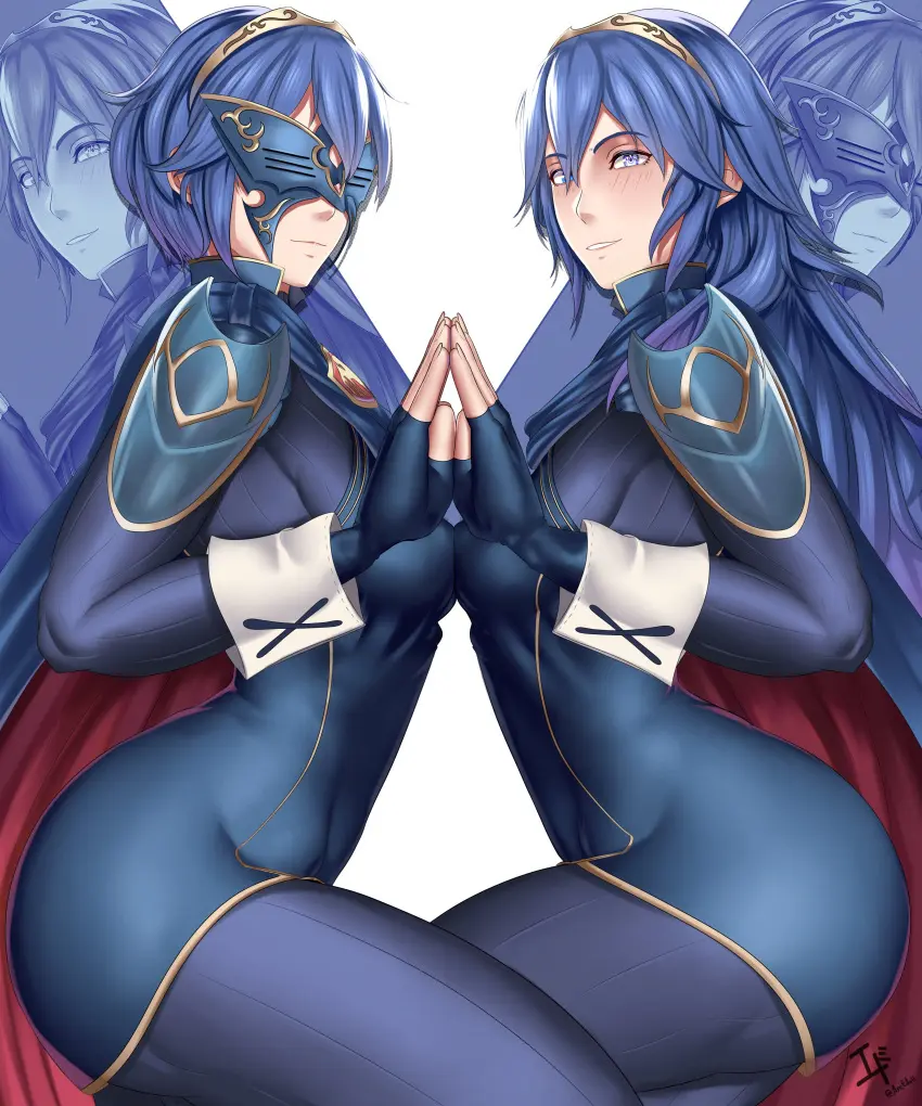 Image breasts,female,female_only,large_breasts,long_hair,looking_at_viewer,smile,2girls,blue_eyes,blue_hair,multiple_girls,short_hair,symbol-shaped_pupils,thick_thighs,thighs,grin,pose,nintendo,cape,breast_press,fire_emblem,fire_emblem_awakening,lucina_(fire_emblem),holding_hands,alternate_hairstyle,tiara,mask,official_alternate_hairstyle,symmetrical_docking,dual_persona,multiple_persona,arcedo,marth_(fire_emblem_awakening)