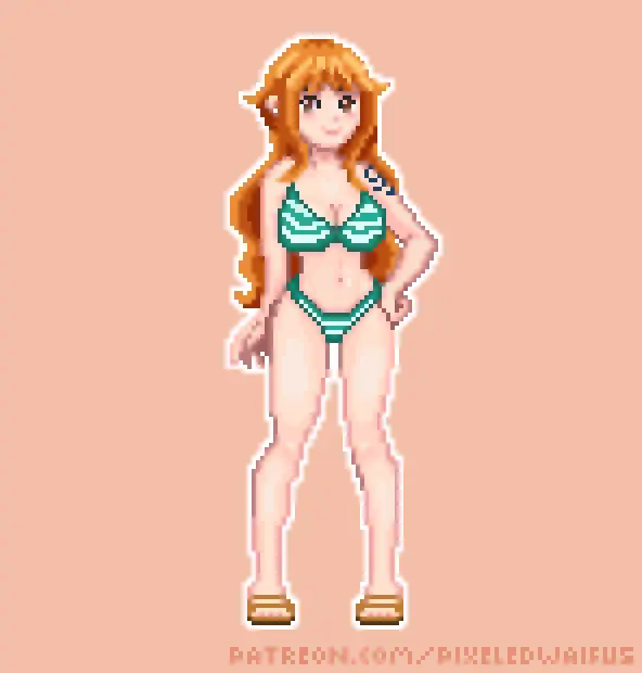 Image big_breasts,breasts,brown_eyes,female,female_only,looking_at_viewer,bikini,one_piece,nami_(one_piece),orange_hair,post-timeskip,animated,gif,bouncing_breasts,pixel_art,pixeledwaifus