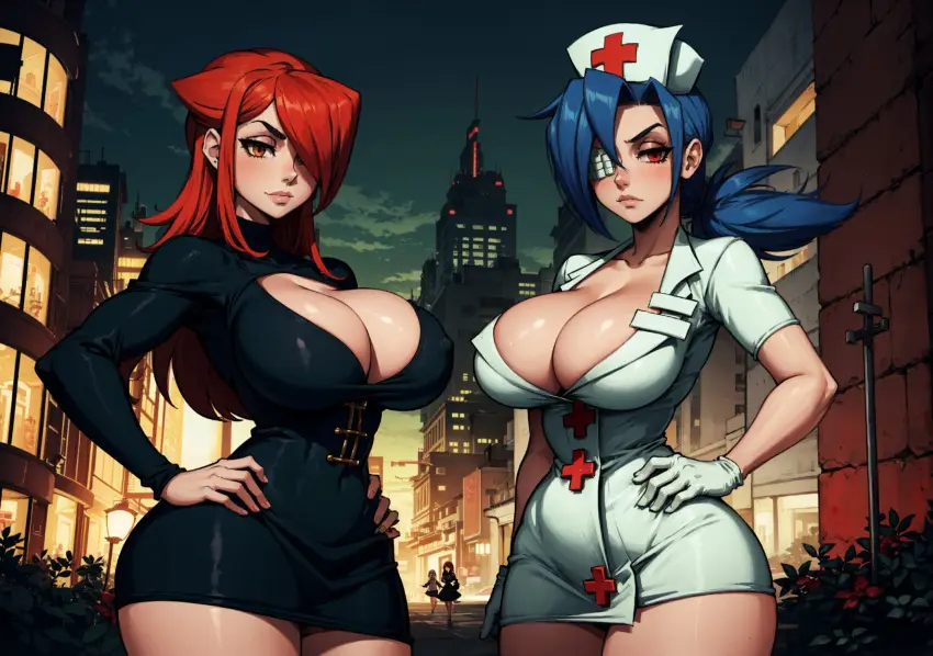 Image cowboy_shot,female,female_only,long_hair,looking_at_viewer,standing,2girls,blue_hair,red_hair,thighs,hips,ai_generated,bare_thighs,lips,curvy,hourglass_figure,upper_body,cropped_legs,video_games,front_view,skullgirls,pink_lips,hands_on_hips,nurse_cap,dark_blue_hair,minidress,valentine_(skullgirls),navy_blue_hair,makimass_ai,parasoul