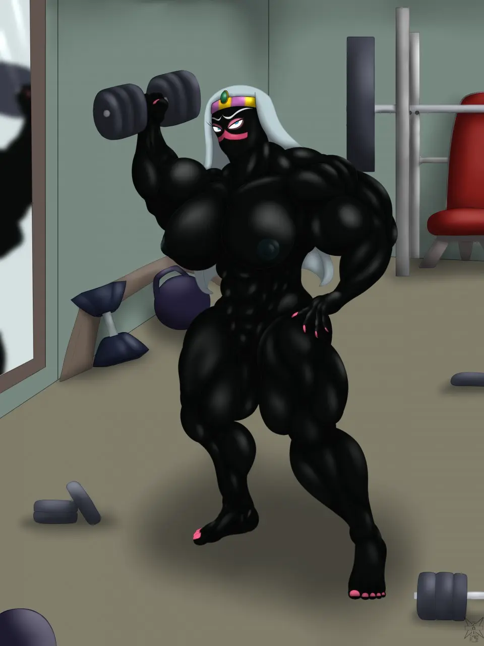 Image female,white_hair,nude,muscular,gym,nude_female,muscular_female,pink_nails,facial_mark,alien,alien_girl,muscles,crown,looney_tunes,warner_brothers,alien_humanoid,duck_dodgers,martian,martian_(duck_dodgers),queen_tyr'ahnee,flexing,weights,weightlifting,crown_only,mrakobesdragon