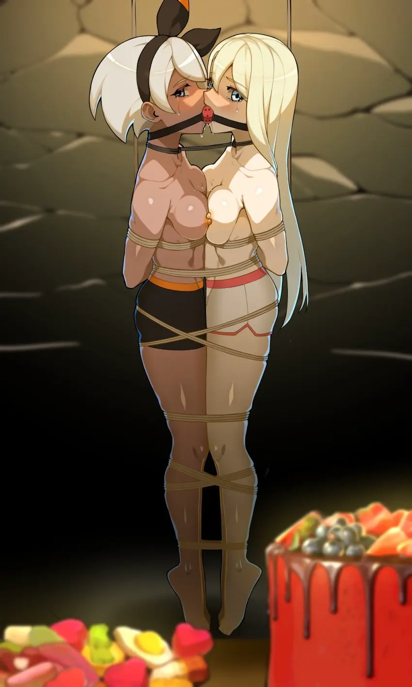 Image female,nipples,white_hair,2girls,blue_eyes,multiple_girls,pokemon,dark_skin,muscular,blonde_hair,saliva,shorts,bondage,crying_with_eyes_open,tied_hands,tied_up,tears,muscular_female,saliva_drip,saliva_trail,nipples_touching,bea_(pokemon),mouth_gag,short_white_hair,hanging_from_ceiling,korrina_(pokemon),long_blonde_hair,short_pants,tied_together