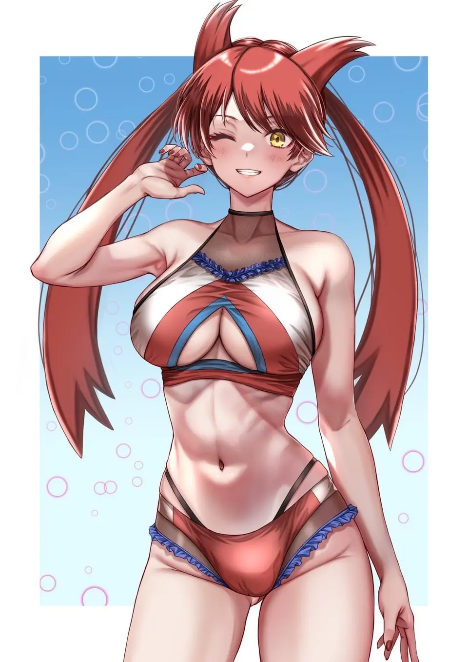 Image big_breasts,breasts,female,red_eyes,solo,pokemon,yellow_eyes,beach,swimsuit,latias,gijinka,pokemon_adventures,latias_(pokemon_adventures),takecha
