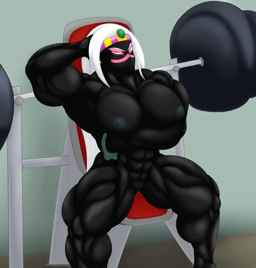 Image female,muscular,gym,black_skin,black_body,towel,muscular_female,alien,alien_girl,muscles,crown,looney_tunes,warner_brothers,alien_humanoid,duck_dodgers,martian,martian_(duck_dodgers),queen_tyr'ahnee,sitting_down,weightlifting,crown_only,mrakobesdragon,wiping_sweat