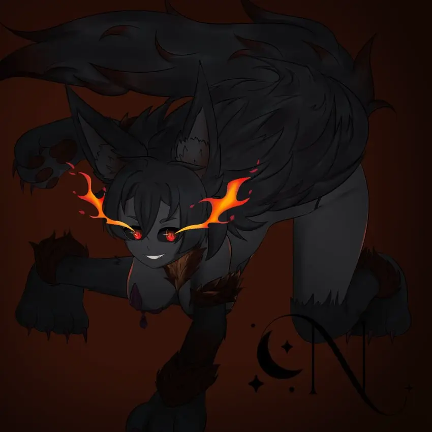 Image 1girls,big_breasts,breasts,female,female_only,red_eyes,solo,animal_ears,black_hair,tail,thighs,solo_female,wolf_ears,wolf_tail,slit_pupils,hellhound,wolf_girl,hellhound_(monster_girl_encyclopedia),monster_girl_encyclopedia,nemuro