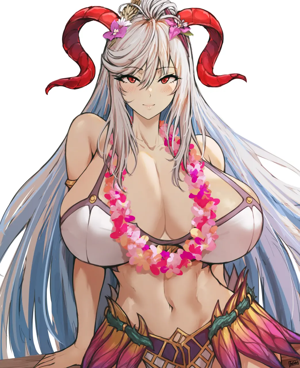 Image 1girls,blush,breasts,female,female_only,highres,long_hair,looking_at_viewer,red_eyes,simple_background,smile,solo,white_hair,navel,bikini,horns,bare_shoulders,cleavage,collarbone,midriff,huge_breasts,swimsuit,lips,nintendo,hair_between_eyes,upper_body,white_bikini,official_alternate_costume,alternate_costume,fire_emblem,fire_emblem_heroes,red_horns,white_swimsuit,freyja_(fire_emblem),batako,batako_(batakoart)