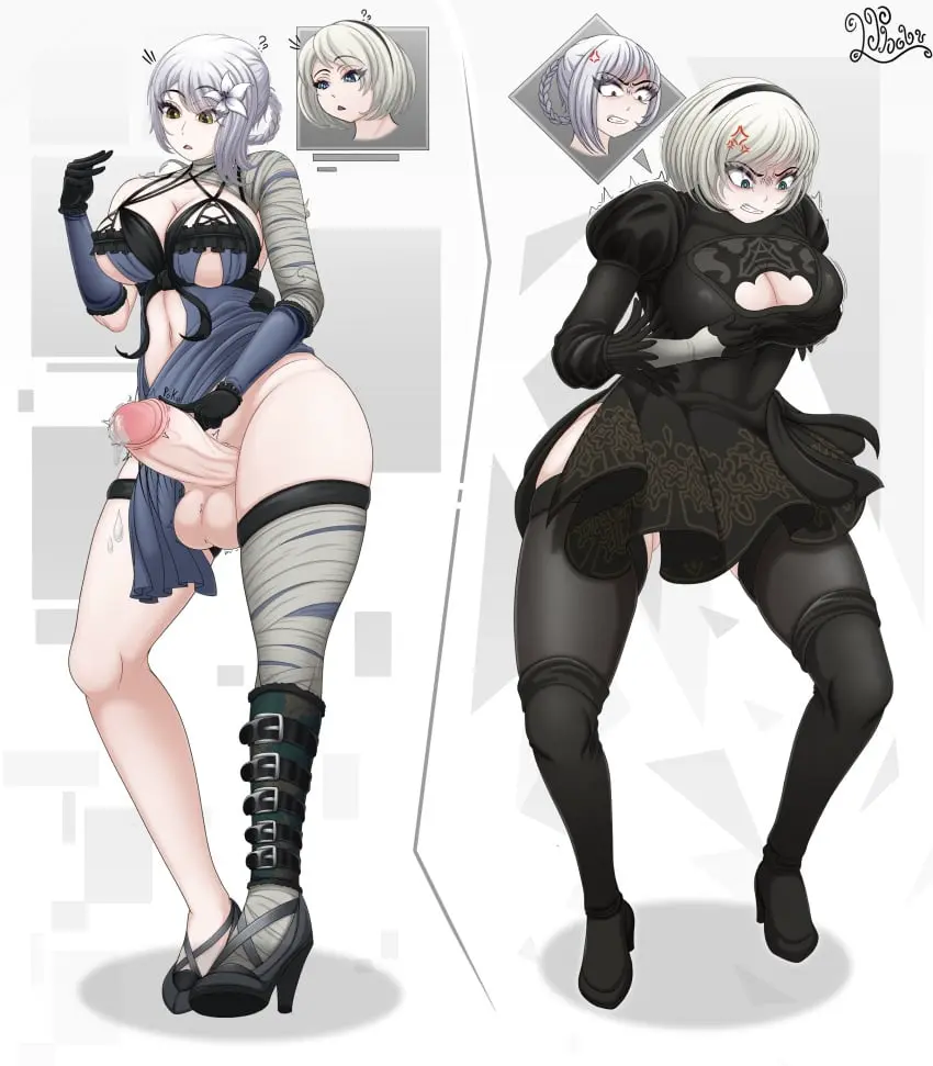 Image 1girls,big_breasts,breasts,brown_eyes,clothed,clothing,female,human,light-skinned_female,light_skin,standing,white_hair,blue_eyes,penis,thighhighs,big_penis,thick_thighs,1futa,erection,futanari,intersex,light-skinned_futa,wide_hips,hairband,balls,huge_cock,huge_breasts,testicles,big_balls,high_heels,precum,bottomless,erect_penis,partially_clothed,angry,precum_drip,fully_clothed,grabbing_own_breast,mostly_nude,futa_with_female,nier:_automata,yorha_2b,ineffective_clothing,nier,kaine_(nier),nier_replicant,body_swap,phobu