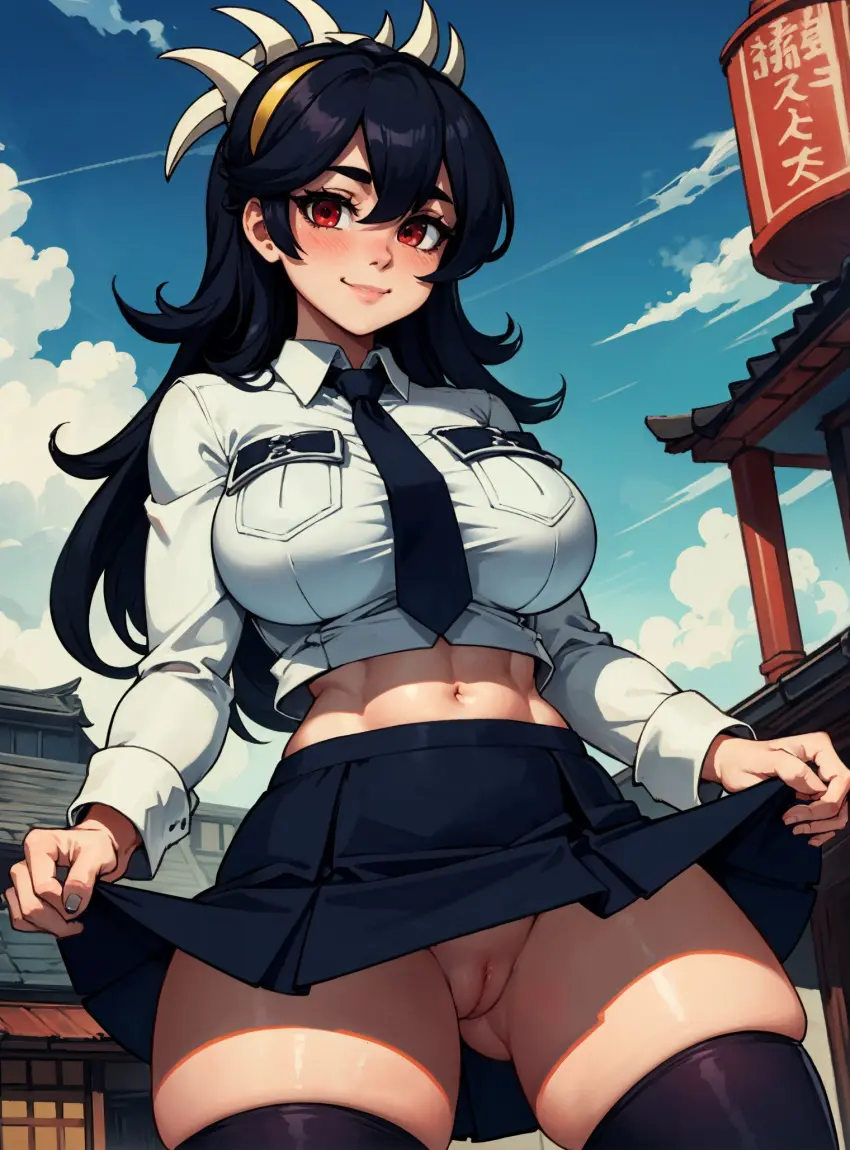 Image female,looking_at_viewer,ai_generated,no_panties,video_games,skullgirls,makimass_ai,filia_(skullgirls)