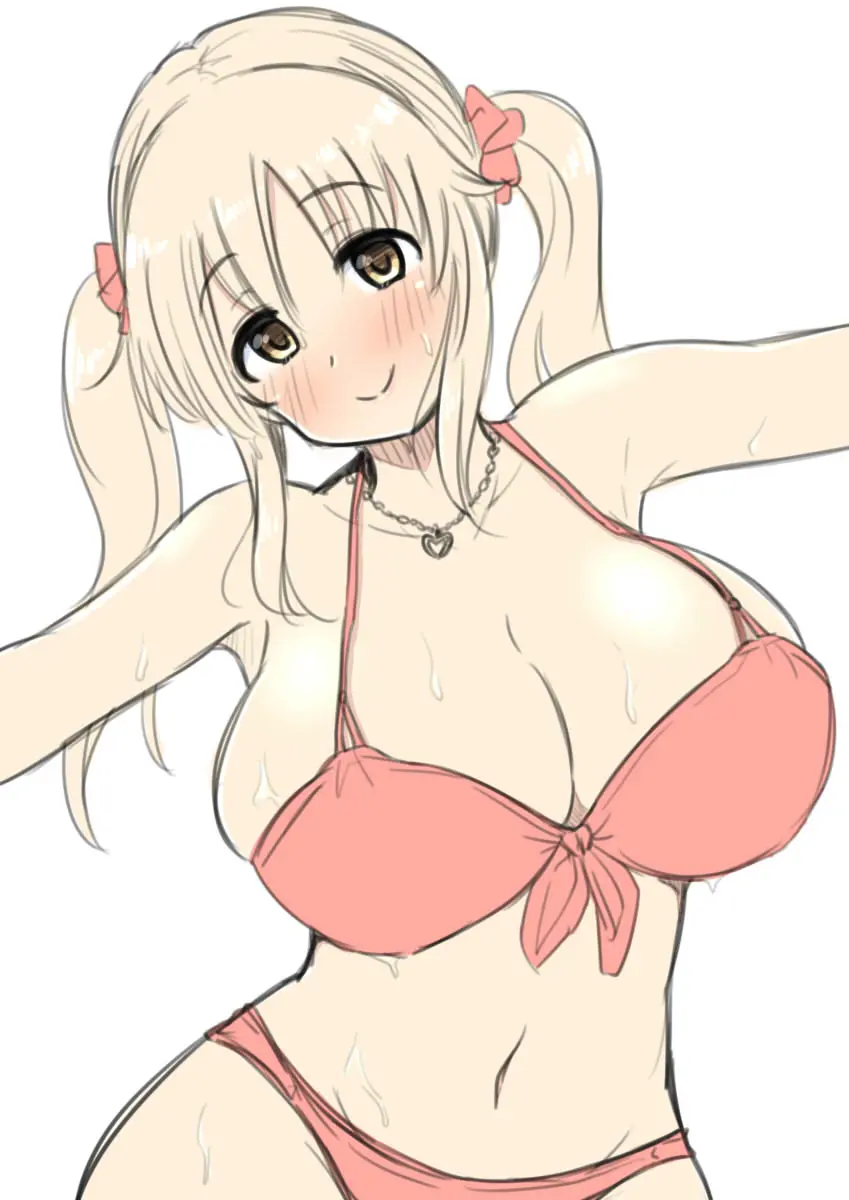 Image blush,breasts,female,smile,bikini,wet_skin,huge_breasts,spread_arms,breasts_bigger_than_head,gigantic_breasts,curvy,necklace,closed_mouth,idolmaster,idolmaster_cinderella_girls,slender_waist,neoteny,large_hips,totoki_airi