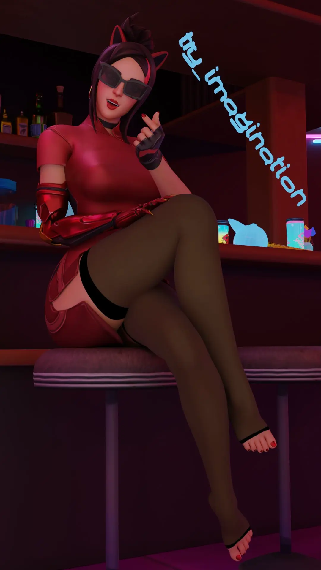 Image blush,breasts,clothed,clothing,female,head_tilt,looking_at_viewer,choker,feet,clothed_female,fortnite,legwear,fully_clothed,sunglasses,tinted_eyewear,crossed_legs,fully_clothed_female,bar,pink_toenails,come_hither,come_hither_gesture,demi_(fortnite),try_imagination