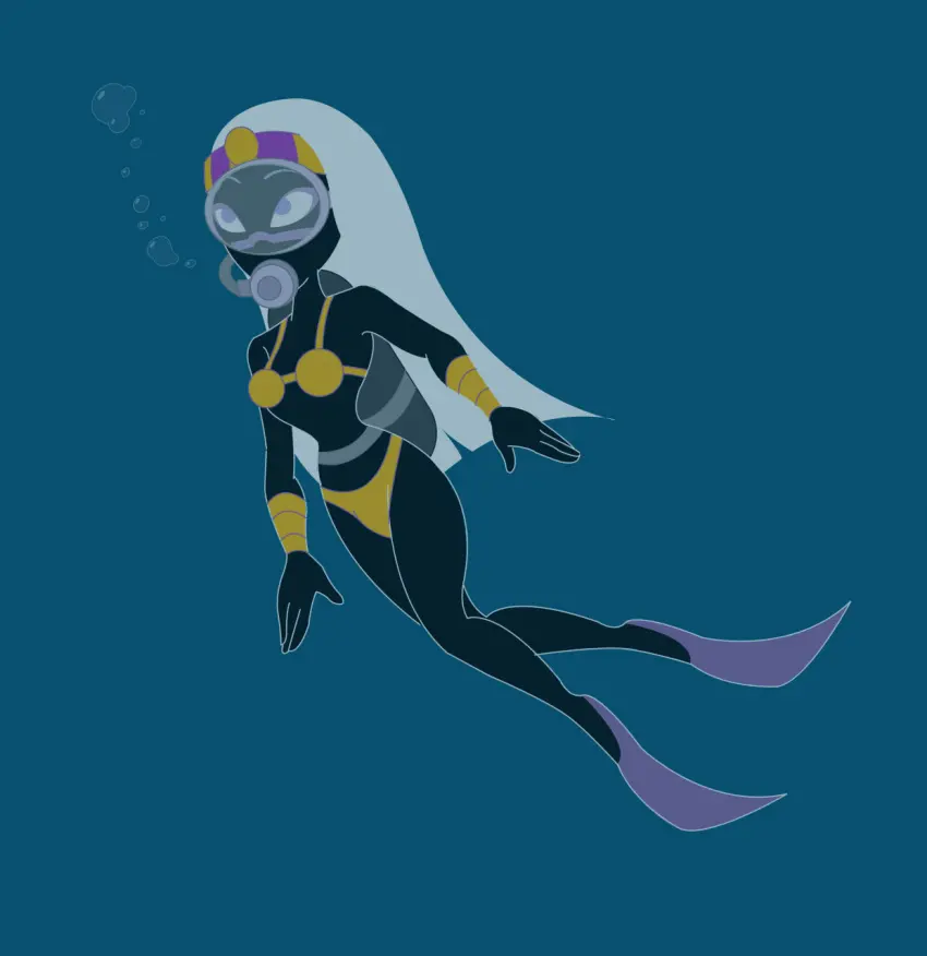 Image female,white_hair,ocean,swimsuit,purple_eyes,black_skin,black_body,swimwear,facial_mark,alien,alien_girl,crown,looney_tunes,warner_brothers,alien_humanoid,yellow_bikini,underwater,duck_dodgers,martian,martian_(duck_dodgers),queen_tyr'ahnee,armbands,air_bubbles,darkbunny666,scuba,scuba_gear