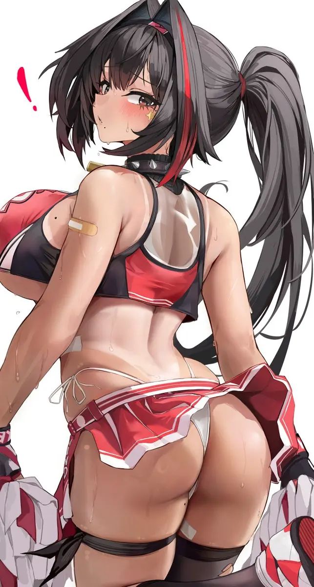 Image 1girls,breasts,female,female_only,large_breasts,long_hair,looking_at_viewer,simple_background,black_hair,ass,ponytail,skirt,revealing_clothes,bay_(nikke),goddess_of_victory:_nikke,skimpy_clothes,large_ass,fully_clothed,cheerleader,cheerleader_uniform,short_skirt,skirt_up,chela77