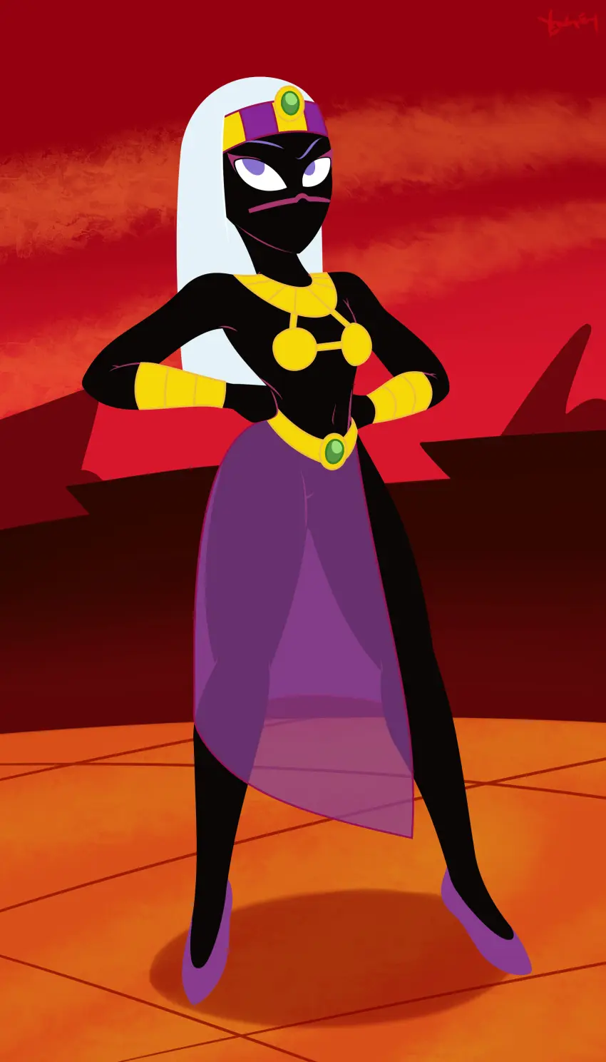 Image female,white_hair,purple_eyes,black_skin,black_body,facial_mark,alien,alien_girl,looking_up,raised_eyebrow,looney_tunes,warner_brothers,alien_humanoid,duck_dodgers,martian,martian_(duck_dodgers),queen_tyr'ahnee,side_glance,yenchey