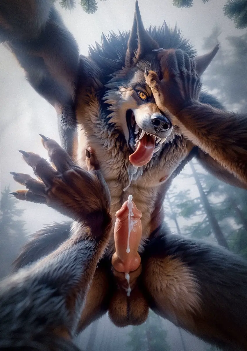 Image hi_res,looking_at_viewer,nipples,smile,cum,cum_drip,male,penis,tongue_out,tongue,duo,ai_generated,male/male,teeth,balls,anthro,genital_fluids,bodily_fluids,canid,canine,canis,genitals,mammal,wolf,claws,fangs,tree,dripping,first_person_view,forest,animal_genitalia,animal_penis,canine_penis,plant,were,werecanid,werecanine,werewolf,cum_on_penis,pov_male,pov_hands,fog,touching_partner,wolfschaser