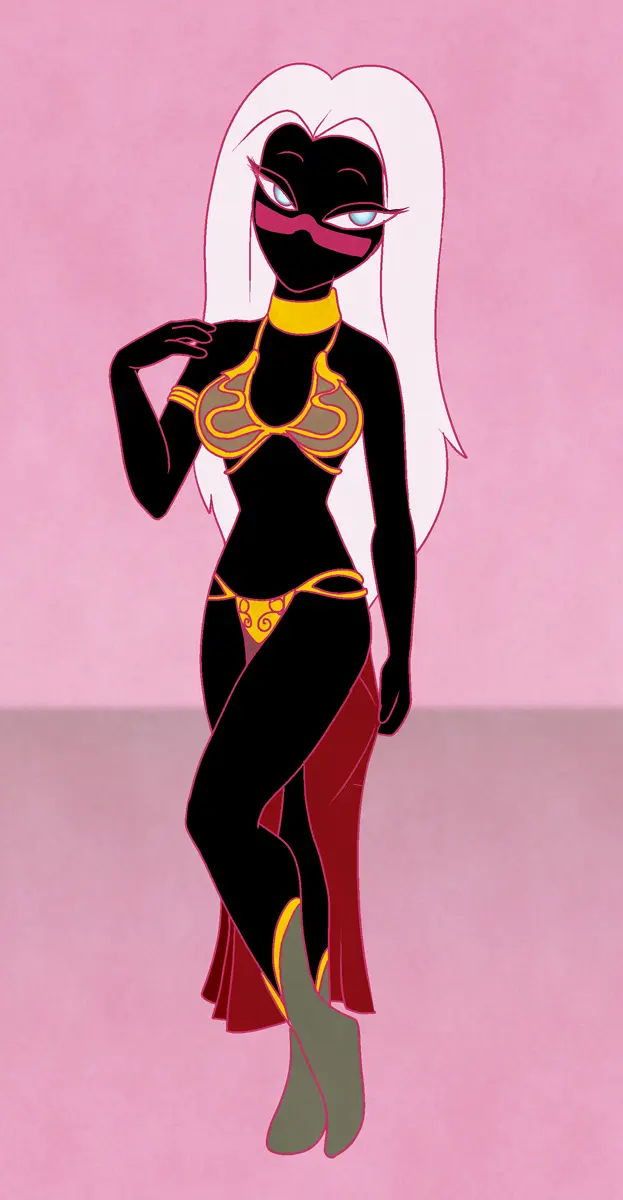 Image female,white_hair,blue_eyes,black_skin,black_body,facial_mark,slave_bikini,slave_leia_(cosplay),slave_outfit,alien,alien_girl,looney_tunes,warner_brothers,alien_humanoid,duck_dodgers,martian,martian_(duck_dodgers),queen_tyr'ahnee,hamsy