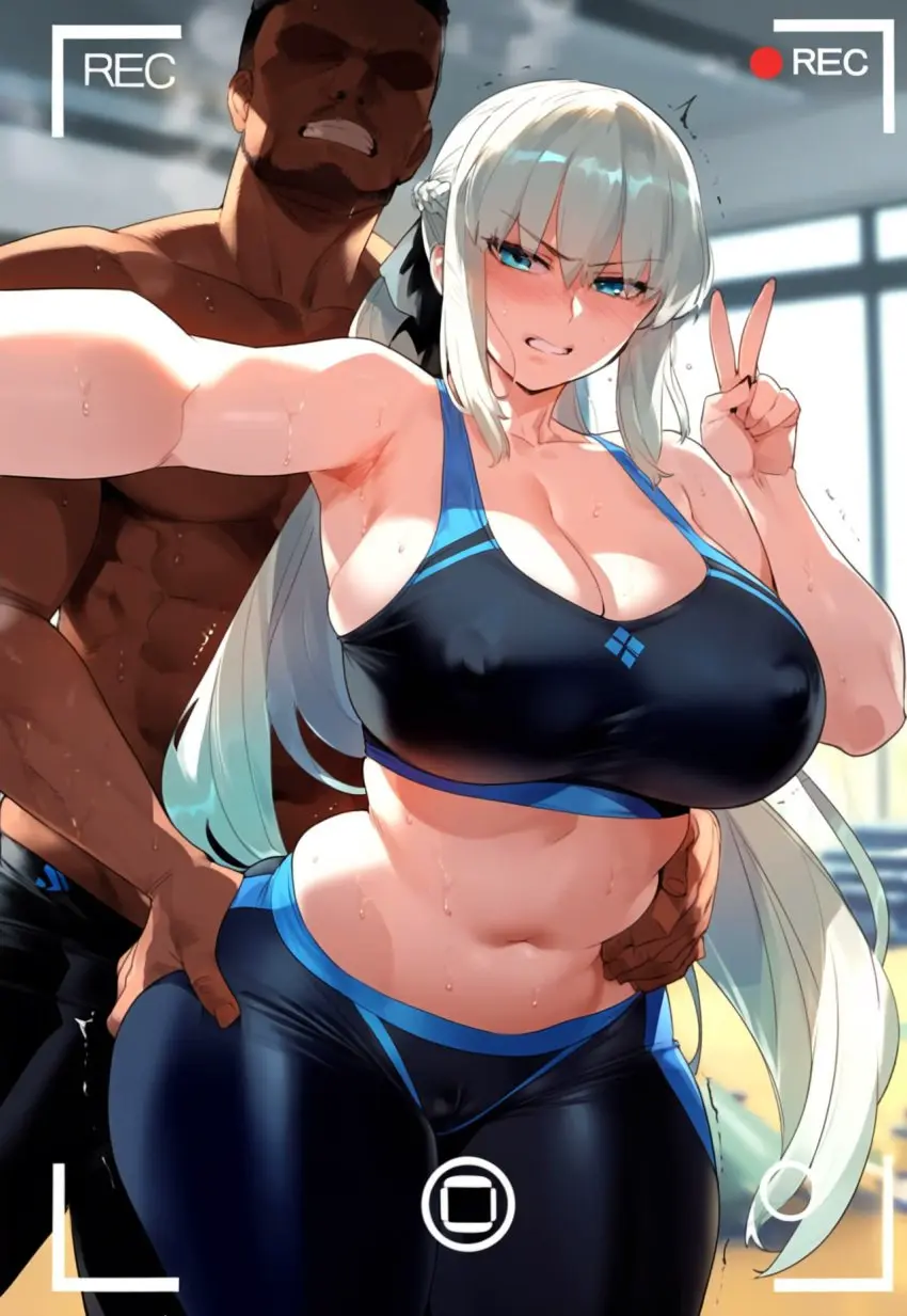 Image blush,breasts,female,large_breasts,long_hair,looking_at_viewer,smile,very_long_hair,1boy,bangs,blue_eyes,male,navel,sweat,dark-skinned_male,ai_generated,gym,sports_bra,cleavage,grin,midriff,teeth,trembling,fate_(series),v,muscles,recording,fate/grand_order,depressu,viewfinder,morgan_le_fay_(fate),snowbunny