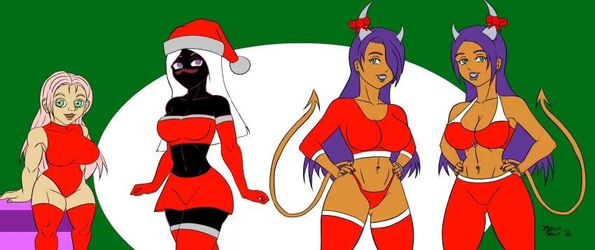 Image female,demon_tail,demon_girl,demon_horns,black_skin,black_body,christmas,original_characters,facial_mark,alien,alien_girl,smaller_female,looney_tunes,warner_brothers,alien_humanoid,christmas_clothing,twins,duck_dodgers,martian,martian_(duck_dodgers),queen_tyr'ahnee,christmas_outfit,7starsoul