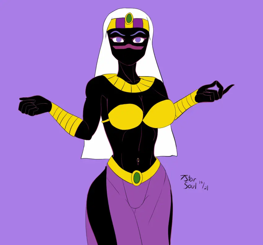 Image 1girls,clothed,female,female_only,solo,white_hair,humanoid,jewelry,purple_eyes,necklace,black_skin,black_body,belt,facial_mark,alien,alien_girl,crown,no_visible_genitalia,looney_tunes,warner_brothers,alien_humanoid,duck_dodgers,martian,martian_(duck_dodgers),queen_tyr'ahnee,golden_bikini_top,purple_skirt,see-through_skirt,slit_skirt,armbands,7starsoul