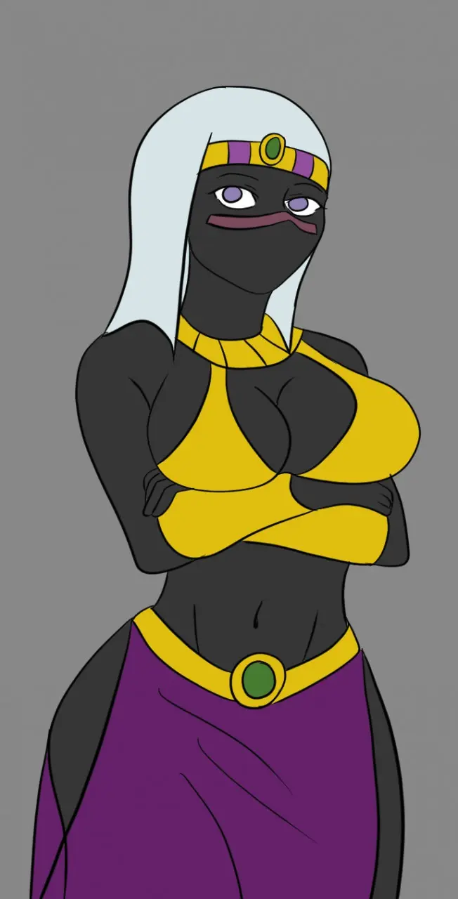 Image 1girls,clothed,female,female_only,solo,white_hair,humanoid,jewelry,purple_eyes,necklace,black_skin,black_body,belt,crossed_arms,facial_mark,alien,alien_girl,crown,no_visible_genitalia,looney_tunes,warner_brothers,alien_humanoid,arms_under_breasts,duck_dodgers,martian,martian_(duck_dodgers),queen_tyr'ahnee,golden_bikini_top,purple_skirt,slit_skirt,armbands,7starsoul