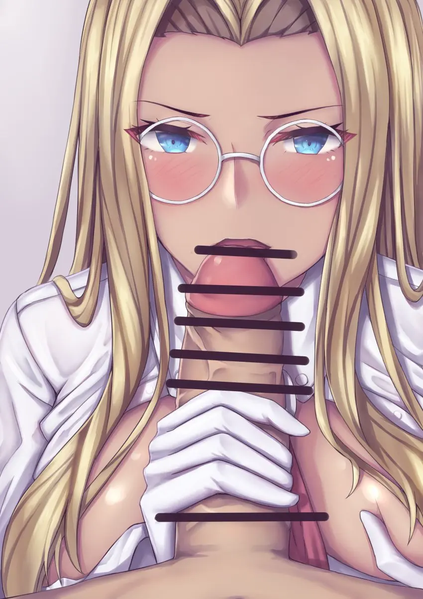 Image 1girls,blush,breasts,female,1boy,male,penis,glasses,blonde_hair,censored_penis,dick,blowjob,white_shirt,white_gloves,pov_male,tits_out,unknown_artist,hellsing,integra_hellsing