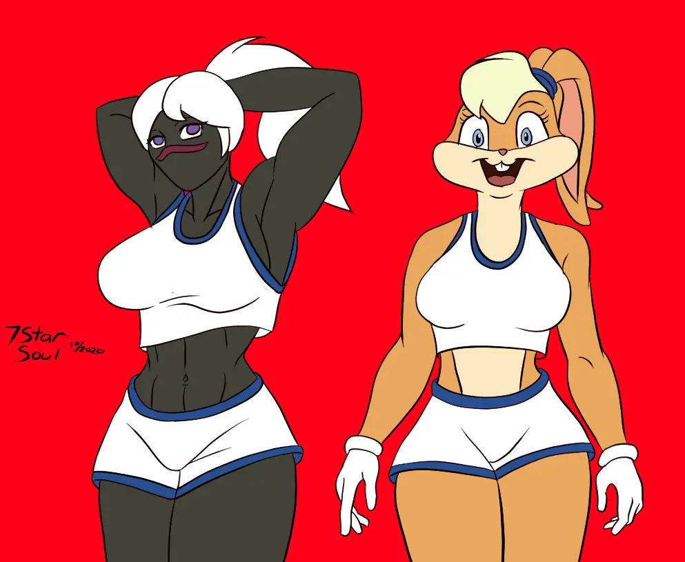 Image female,blue_eyes,hands_behind_head,sportswear,blonde_hair,purple_eyes,rabbit_ears,scrunchie,white_gloves,rabbit,facial_mark,alien,alien_girl,rabbit_girl,looney_tunes,warner_brothers,alien_humanoid,lola_bunny,ponytails,sports_uniform,rabbit_humanoid,duck_dodgers,martian,martian_(duck_dodgers),queen_tyr'ahnee,basketball_uniform,7starsoul