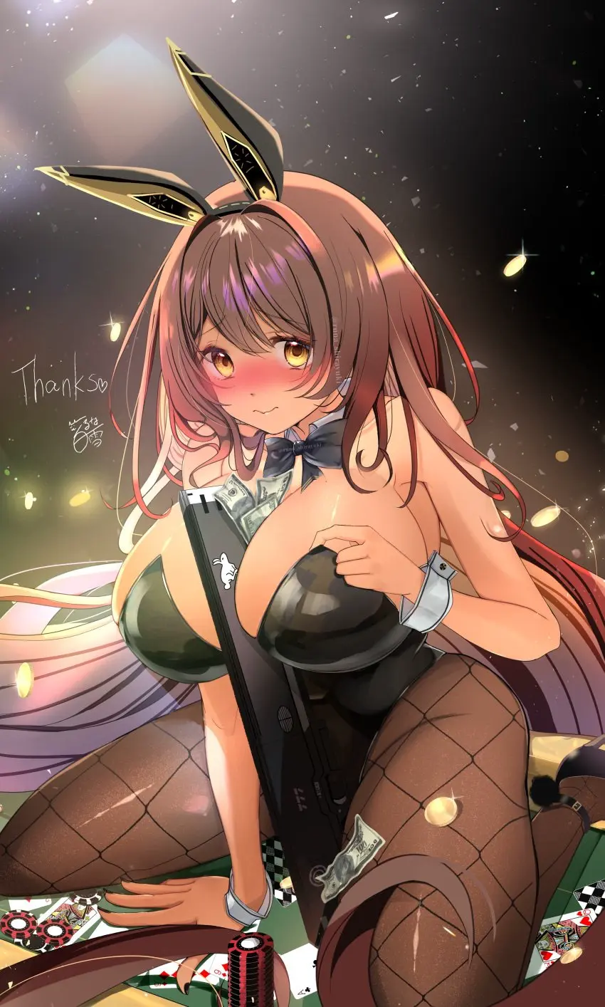 Image 1girls,blush,breasts,female,female_only,long_hair,yellow_eyes,dark_skin,cleavage,huge_breasts,sitting,on_table,brown_hair,bunny_ears,dark-skinned_female,goddess_of_victory:_nikke,bunnysuit,nervous,noir_(nikke)