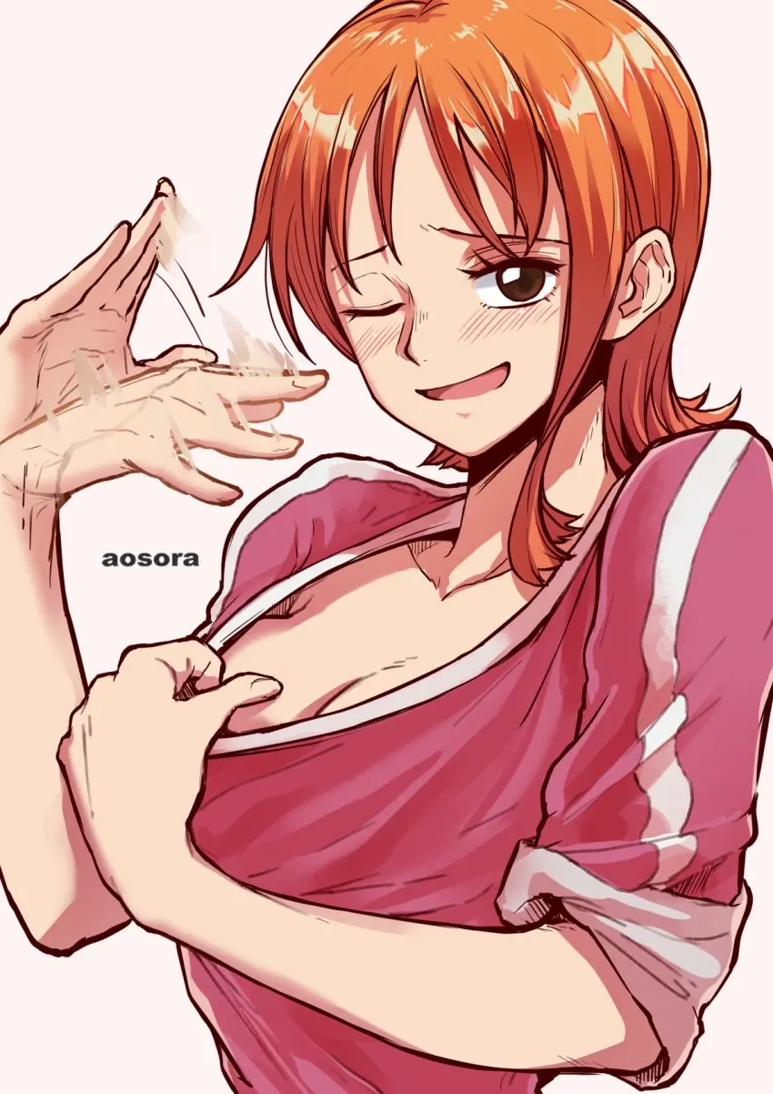 Image 1girls,blush,breasts,female,female_only,light-skinned_female,light_skin,open_mouth,shirt,solo,one_piece,artist_name,cleavage,nami_(one_piece),orange_hair,medium_breasts,one_eye_closed,upper_body,fanning_self,pre-timeskip,airing_out,nami_(classic),aosora,fanning_face,pulling_shirt_down