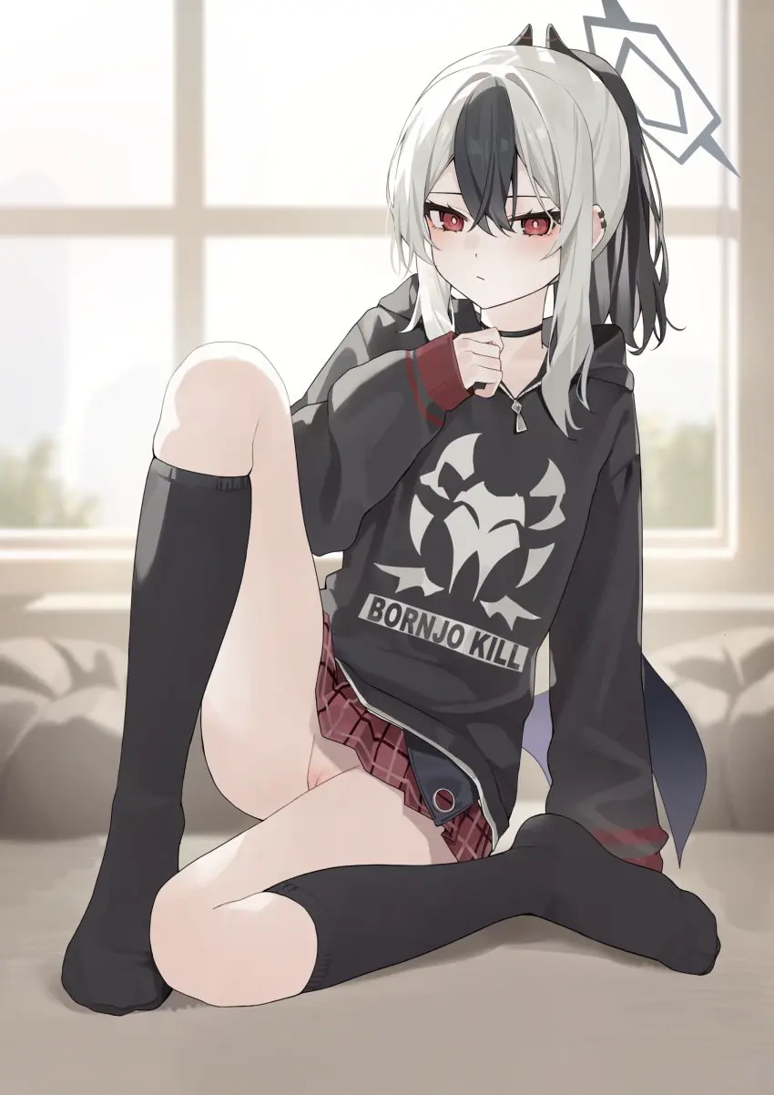 Image breasts,female,highres,red_eyes,white_hair,absurdres,black_hair,blue_archive,small_breasts,thighs,multicolored_hair,horns,halo,petite,socks,demon_girl,demon_horns,soles,no_panties,two-tone_hair,kayoko_(blue_archive),black_socks,petite_body,skinny,flat_chest,flashing_pussy,bottomless_skirt,no_panties_under_skirt,xiao_lin_jiu