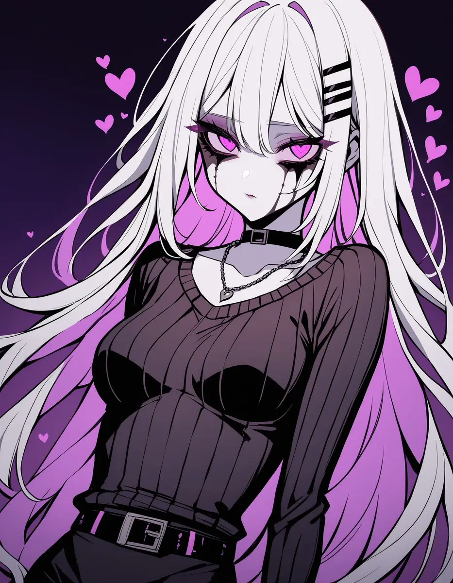 Image 1girls,breasts,female,simple_background,white_hair,choker,seductive,seductive_look,white_skin,ai_generated,medium_breasts,dress,purple_eyes,heart,sad,goth,skull,gothic