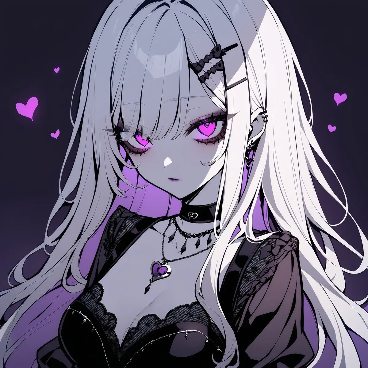 Image 1girls,breasts,female,simple_background,white_hair,choker,seductive,seductive_look,white_skin,ai_generated,cleavage,medium_breasts,dress,purple_eyes,necklace,heart,sad,goth,heart_necklace,gothic,poizie,synthetic_poison